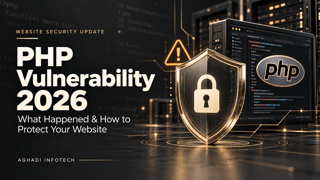 PHP vulnerability 2026 website security banner with a protective shield and PHP server illustration.